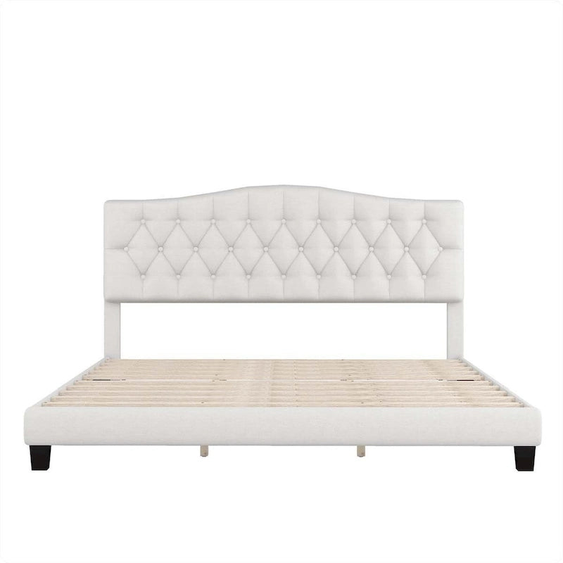 Lit plateforme rembourré en tissu gris avec tête de lit capitonnée en losange – Double / Queen / King – Individuel/Couple