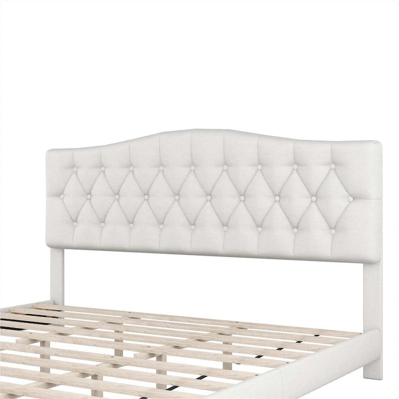 Lit plateforme rembourré en tissu gris avec tête de lit capitonnée en losange – Double / Queen / King – Individuel/Couple