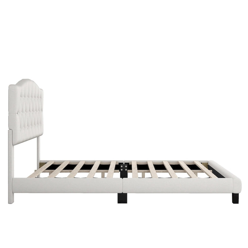 Lit plateforme rembourré en tissu gris avec tête de lit capitonnée en losange – Double / Queen / King – Individuel/Couple