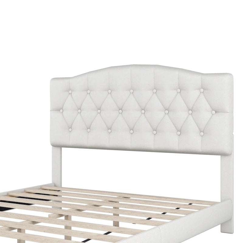 Lit plateforme rembourré en tissu gris avec tête de lit capitonnée en losange – Double / Queen / King – Individuel/Couple