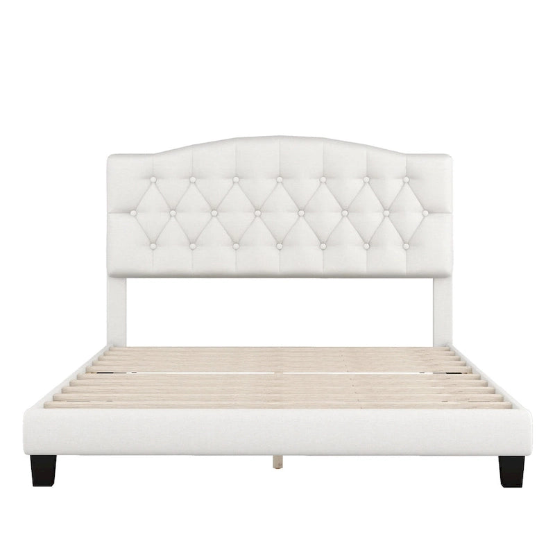 Lit plateforme rembourré en tissu gris avec tête de lit capitonnée en losange – Double / Queen / King – Individuel/Couple