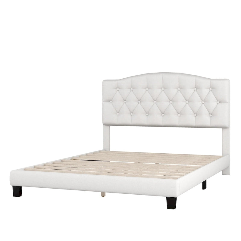 Lit plateforme rembourré en tissu gris avec tête de lit capitonnée en losange – Double / Queen / King – Individuel/Couple