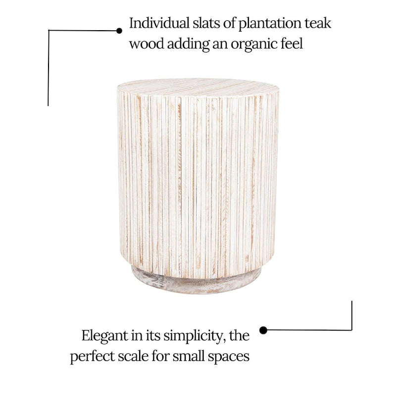 Table d'appoint ronde en planches de teck vieillies blanches – Une seule
