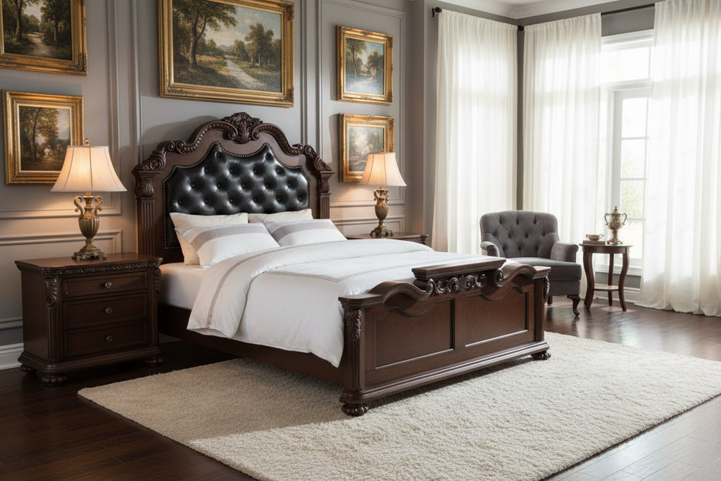 Dark Walnut Carved & Upholstered Wooden Queen Bed