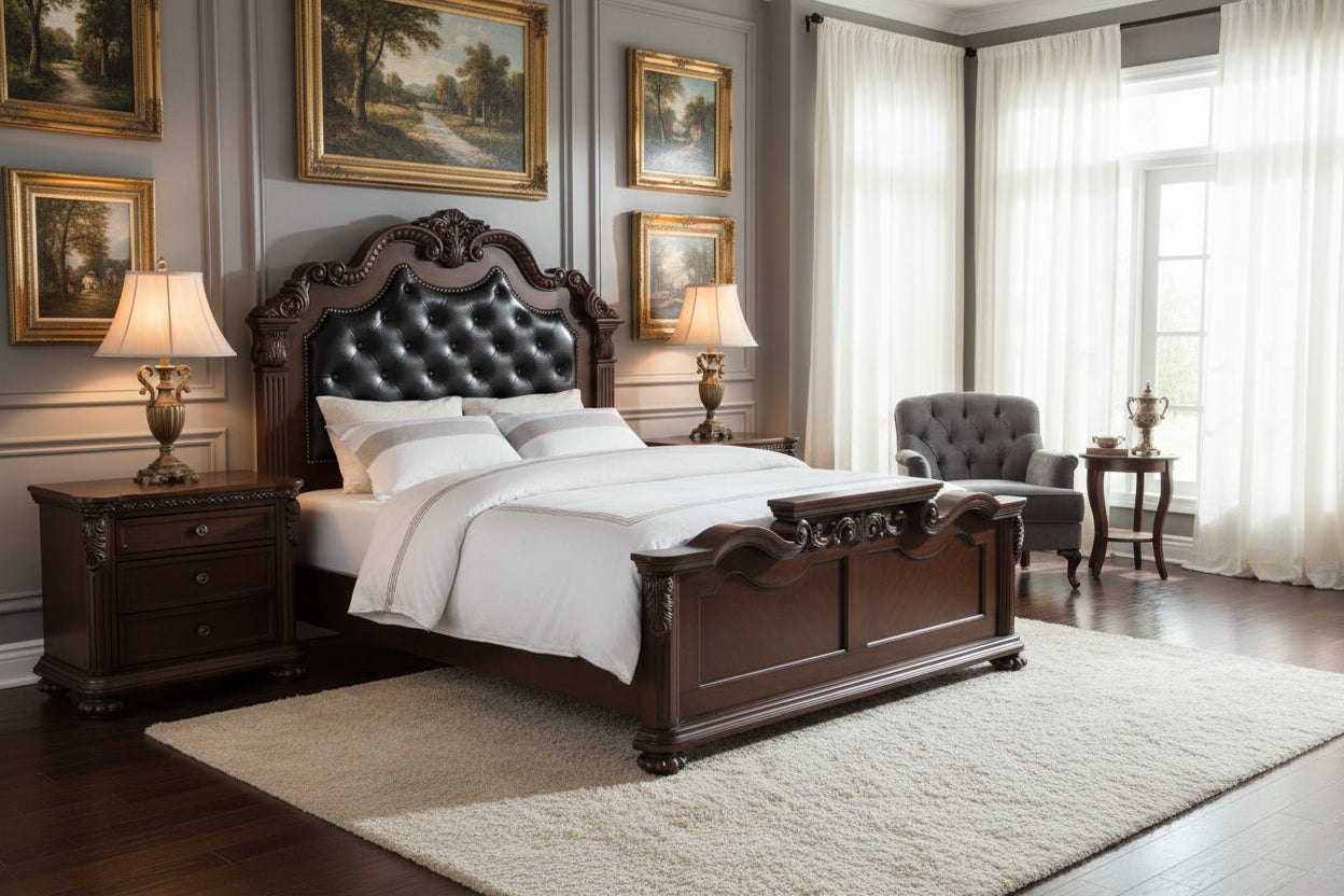 Dark Walnut Carved & Upholstered Wooden Queen Bed