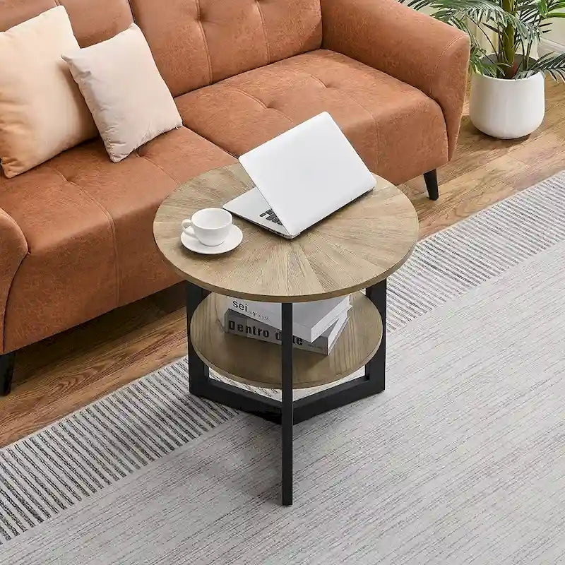 Table d'appoint ronde noire/marron/beige avec étagère de rangement à 2 niveaux – Simple