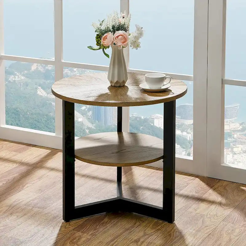 Table d'appoint ronde noire/marron/beige avec étagère de rangement à 2 niveaux – Simple