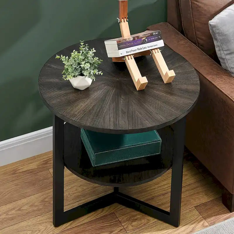 Table d'appoint ronde noire/marron/beige avec étagère de rangement à 2 niveaux – Simple