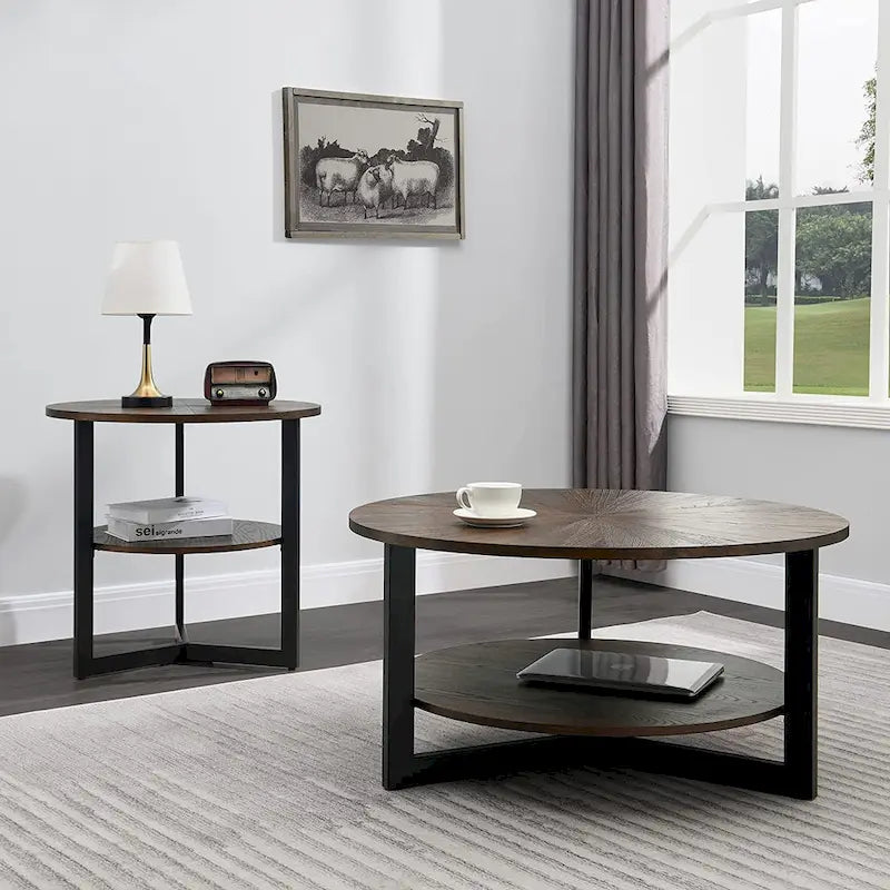 Table d'appoint à deux niveaux - Noir / Marron / Beige, simple