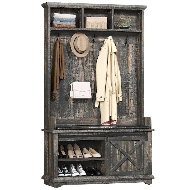 Meuble d'entrée 3-en-1 avec banc et porte coulissante style grange – Chêne, style rustique, pour 1 foyer