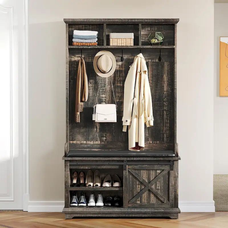 Meuble d'entrée 3-en-1 avec banc et porte coulissante style grange – Chêne, style rustique, pour 1 foyer