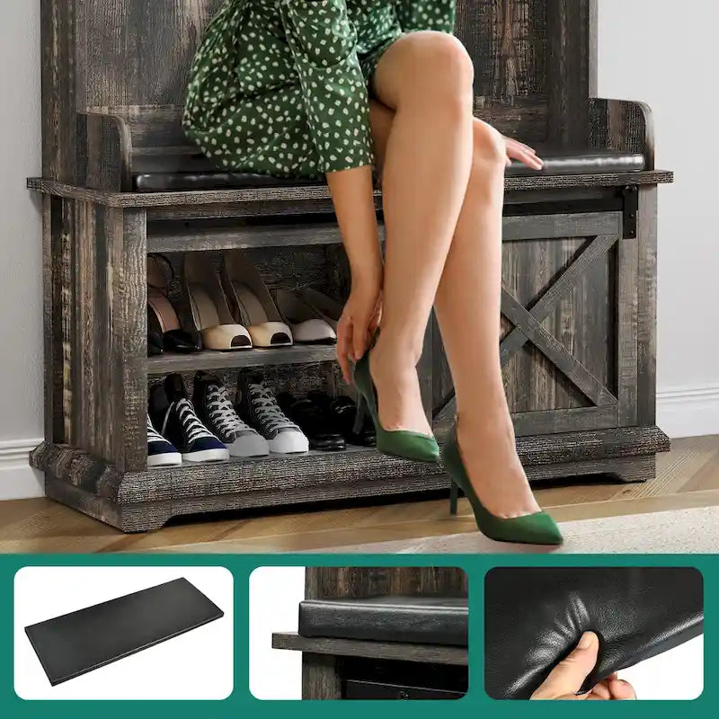 Meuble d'entrée 3-en-1 avec banc et porte coulissante style grange – Chêne, style rustique, pour 1 foyer