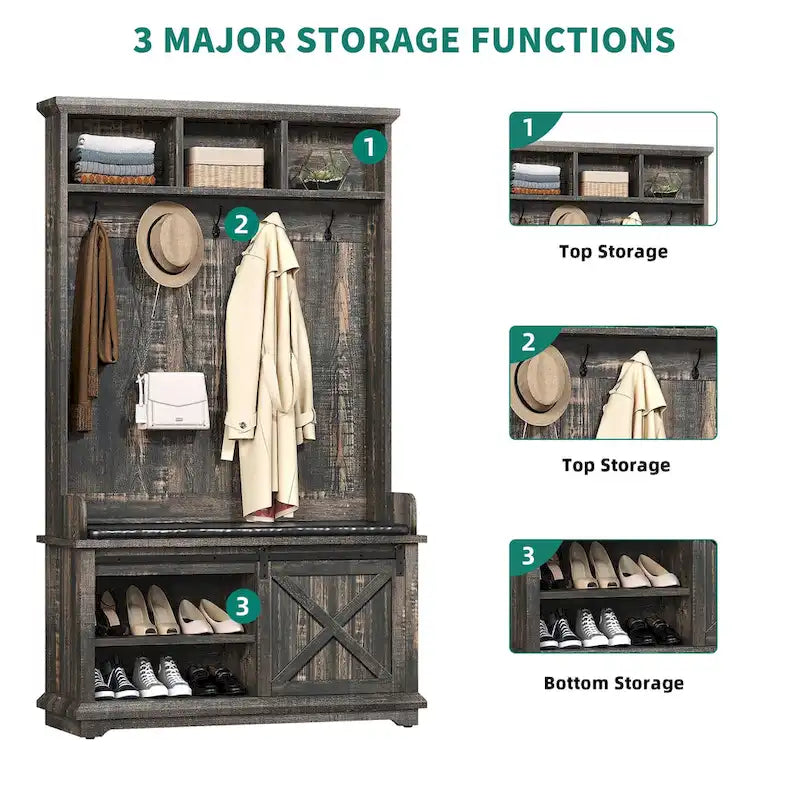 Meuble d'entrée 3-en-1 avec banc et porte coulissante style grange – Chêne, style rustique, pour 1 foyer