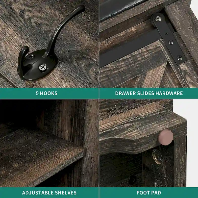 Meuble d'entrée 3-en-1 avec banc et porte coulissante style grange – Chêne, style rustique, pour 1 foyer