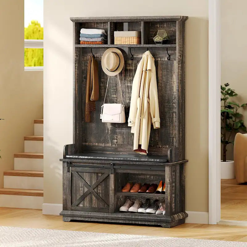 Meuble d'entrée 3-en-1 avec banc et porte coulissante style grange – Chêne, style rustique, pour 1 foyer
