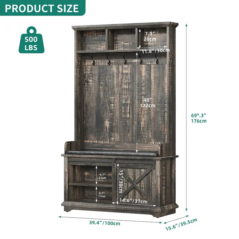 Meuble d'entrée 3-en-1 avec banc et porte coulissante style grange – Chêne, style rustique, pour 1 foyer