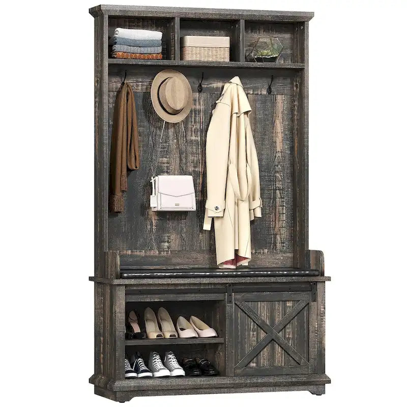 Meuble d'entrée 3-en-1 avec banc et porte coulissante style grange – Chêne, style rustique, pour 1 foyer