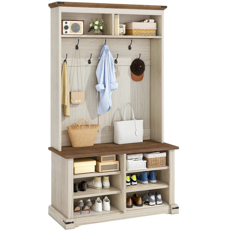 Meuble d'entrée 3-en-1 avec banc et porte coulissante style grange – Chêne, style rustique, pour 1 foyer