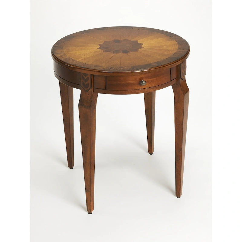 Table d'appoint ronde avec tiroir, brun moyen et frêne olivâtre, 1 personne
