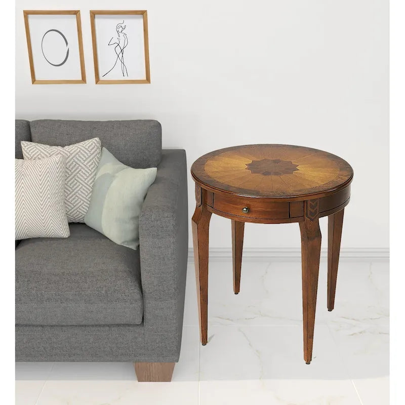 Table d'appoint ronde avec tiroir, brun moyen et frêne olivâtre, 1 personne