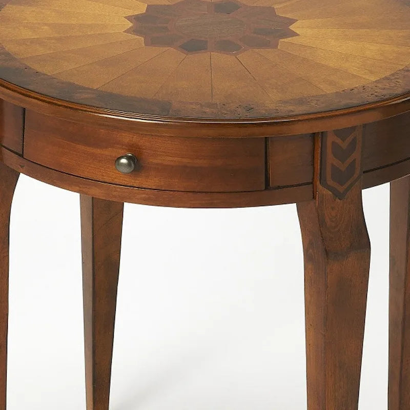 Table d'appoint ronde avec tiroir, brun moyen et frêne olivâtre, 1 personne