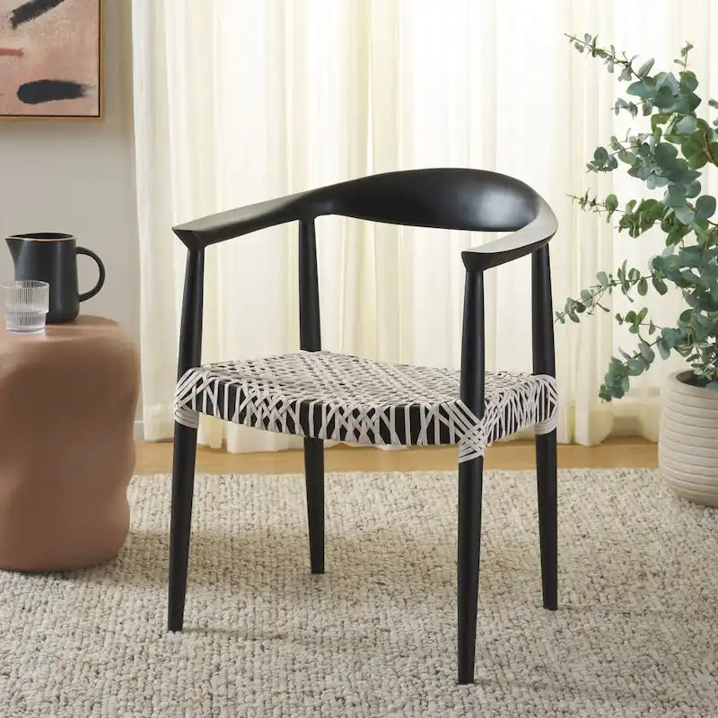 Chaise de salle à manger tressée avec accoudoirs noire / blanche / marron, à l'unité