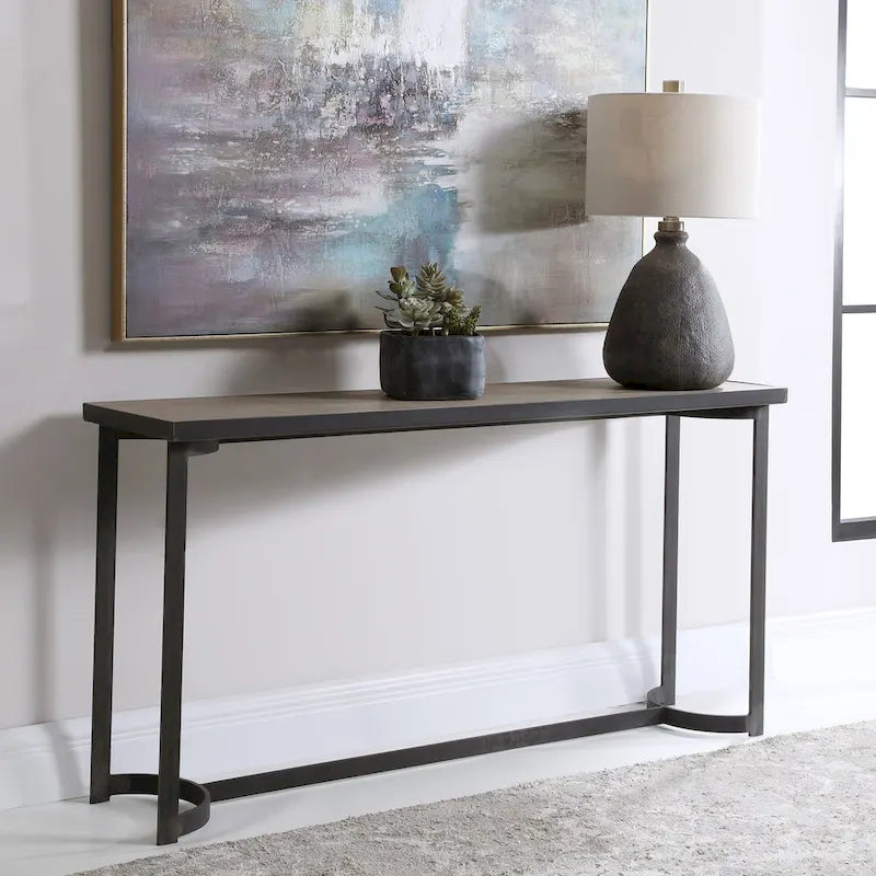 Console en placage de chêne naturel et fer forgé vieilli – Pièce unique