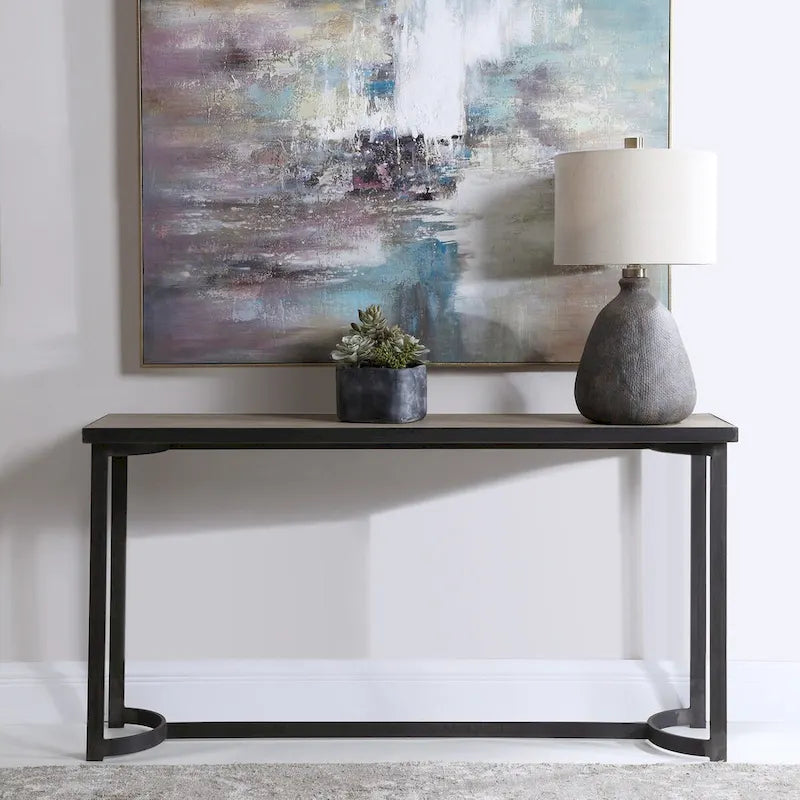 Console en placage de chêne naturel et fer forgé vieilli – Pièce unique