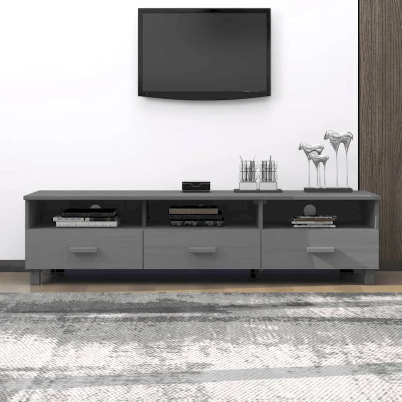 Meuble TV en pin massif gris foncé/gris clair avec 3 tiroirs et 3 compartiments – Simple