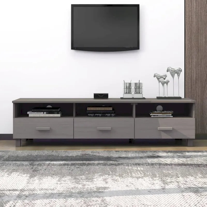 Meuble TV en pin massif gris foncé/gris clair avec 3 tiroirs et 3 compartiments – Simple