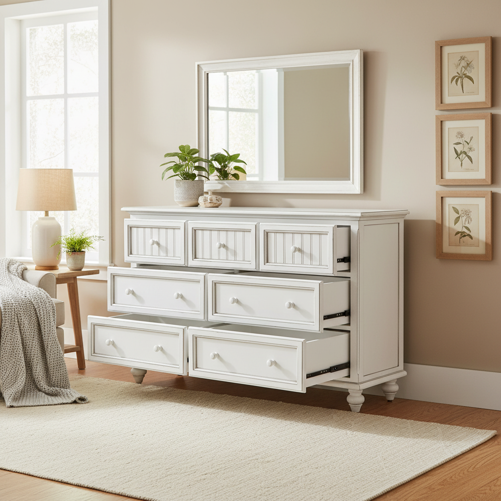 Commode 7 tiroirs blanche/bleue avec finition vieillie – Simple