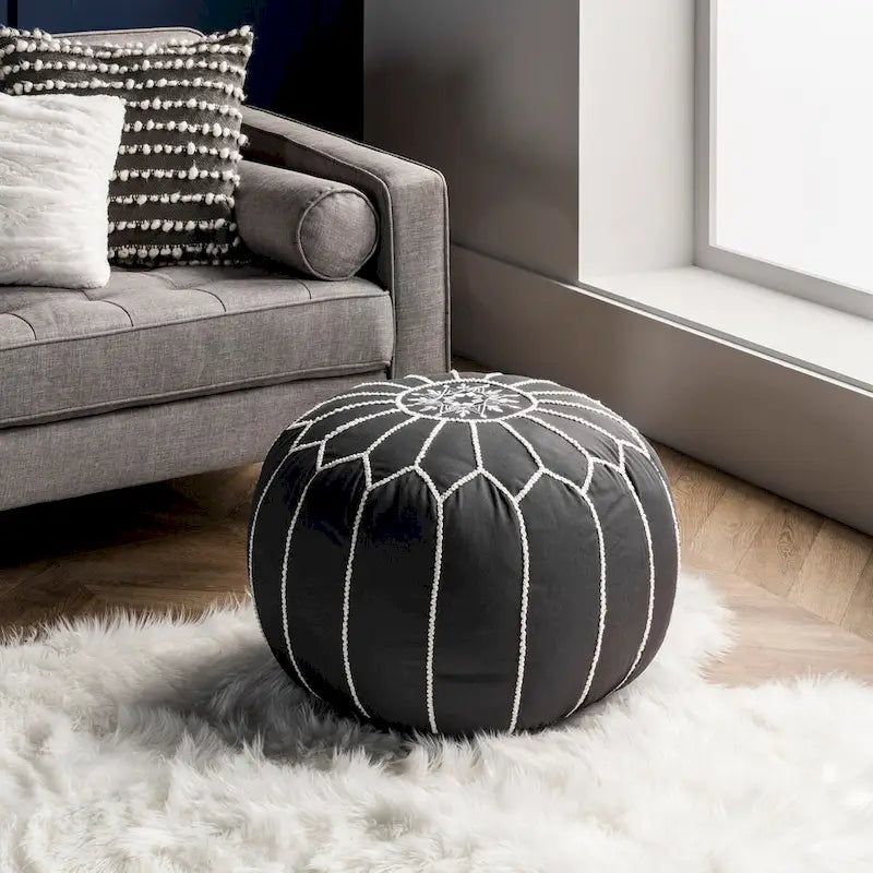 Pouf ottoman en coton de style marocain – Gris / Blanc / Bleu – Individuel