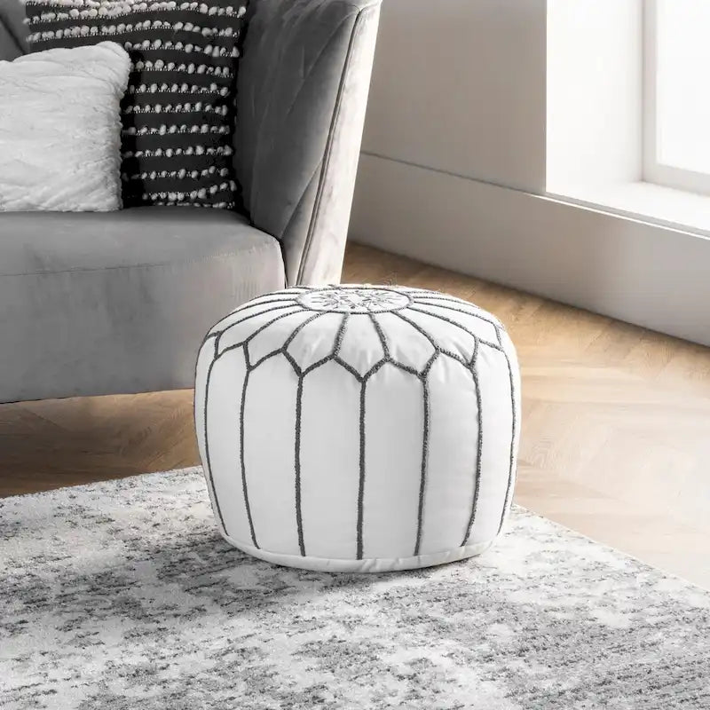 Pouf ottoman en coton de style marocain – Gris / Blanc / Bleu – Individuel