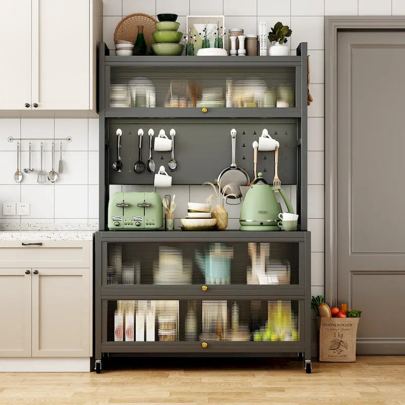 Meuble de Rangement de Cuisine Roulant Gris, Double Porte, Utilisation Individuelle