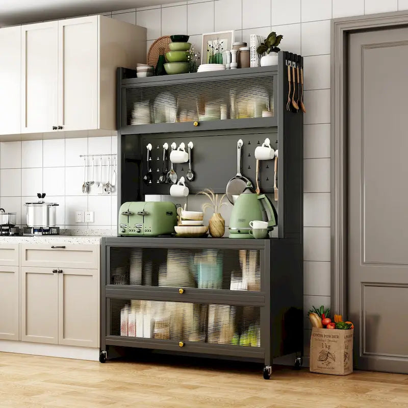 Meuble de Rangement de Cuisine Roulant Gris, Double Porte, Utilisation Individuelle