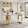 Table à manger rectangulaire crème or/argent avec plateau en verre de pierre frittée et base en acier inoxydable – 4 à 6 places