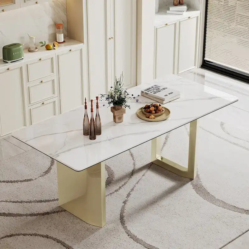 Table à manger rectangulaire crème or/argent avec plateau en verre de pierre frittée et base en acier inoxydable – 4 à 6 places