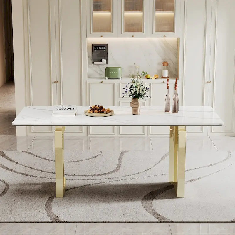 Table à manger rectangulaire crème or/argent avec plateau en verre de pierre frittée et base en acier inoxydable – 4 à 6 places