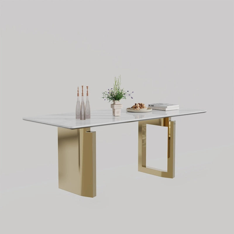 Table à manger rectangulaire crème or/argent avec plateau en verre de pierre frittée et base en acier inoxydable – 4 à 6 places
