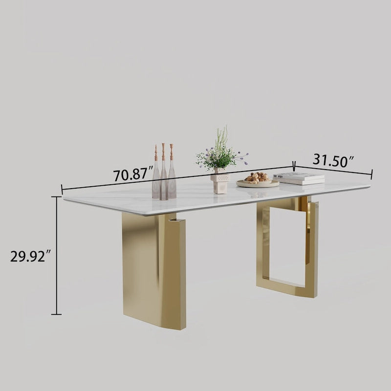 Table à manger rectangulaire crème or/argent avec plateau en verre de pierre frittée et base en acier inoxydable – 4 à 6 places