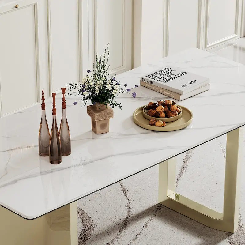 Table à manger rectangulaire crème or/argent avec plateau en verre de pierre frittée et base en acier inoxydable – 4 à 6 places