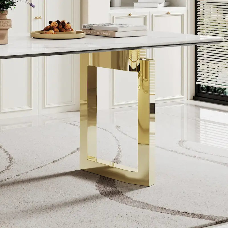 Table à manger rectangulaire crème or/argent avec plateau en verre de pierre frittée et base en acier inoxydable – 4 à 6 places