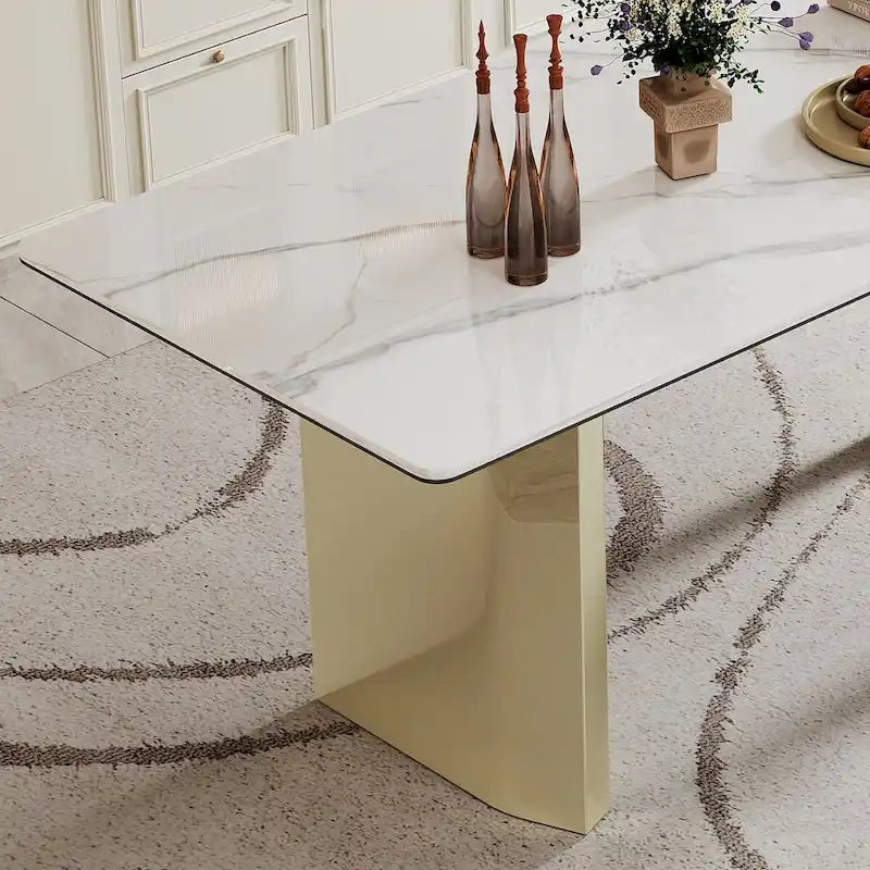 Table à manger rectangulaire crème or/argent avec plateau en verre de pierre frittée et base en acier inoxydable – 4 à 6 places