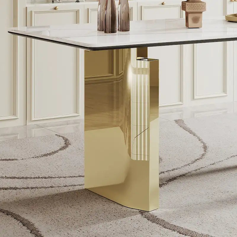 Table à manger rectangulaire crème or/argent avec plateau en verre de pierre frittée et base en acier inoxydable – 4 à 6 places