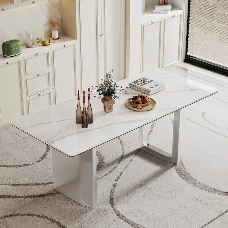 Table à manger rectangulaire crème or/argent avec plateau en verre de pierre frittée et base en acier inoxydable – 4 à 6 places