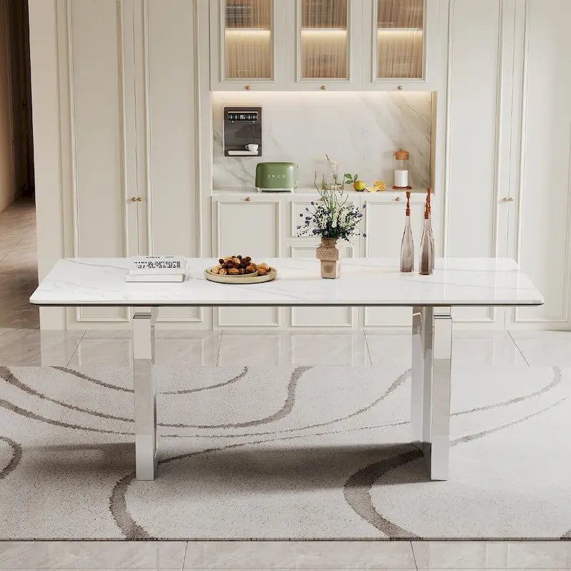 Table à manger rectangulaire crème or/argent avec plateau en verre de pierre frittée et base en acier inoxydable – 4 à 6 places