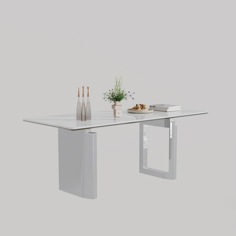 Table à manger rectangulaire crème or/argent avec plateau en verre de pierre frittée et base en acier inoxydable – 4 à 6 places