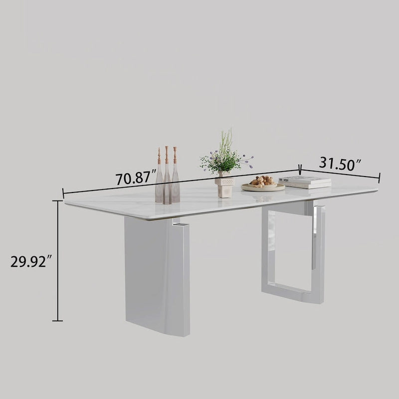 Table à manger rectangulaire crème or/argent avec plateau en verre de pierre frittée et base en acier inoxydable – 4 à 6 places