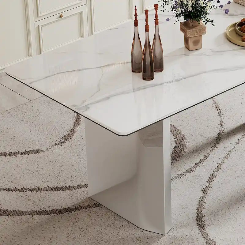 Table à manger rectangulaire crème or/argent avec plateau en verre de pierre frittée et base en acier inoxydable – 4 à 6 places