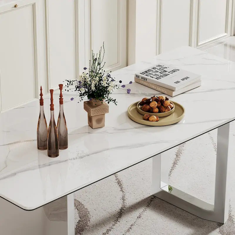 Table à manger rectangulaire crème or/argent avec plateau en verre de pierre frittée et base en acier inoxydable – 4 à 6 places